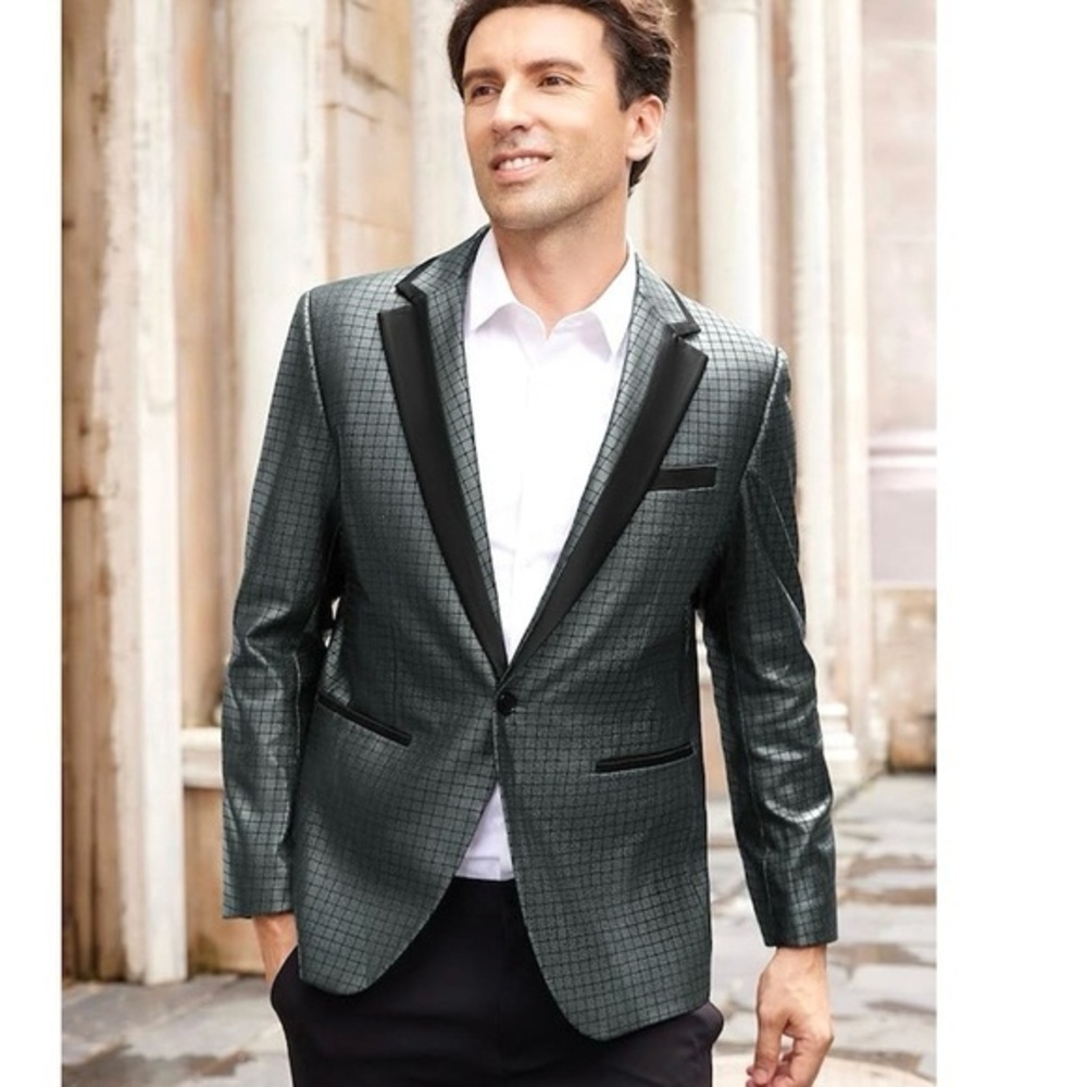 Men's Metallic Charcoal Gray Check Blazer - Tuxedo Jacket with Black Trim!